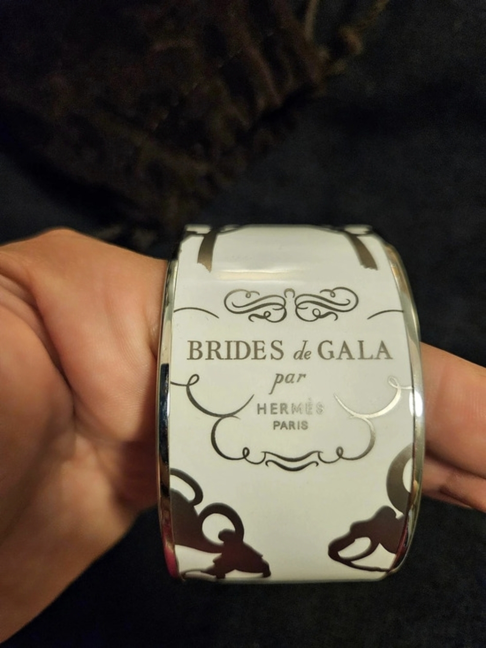 Hermès Brides de Gala Printed Enamel Wide Bracelet in White & Silver